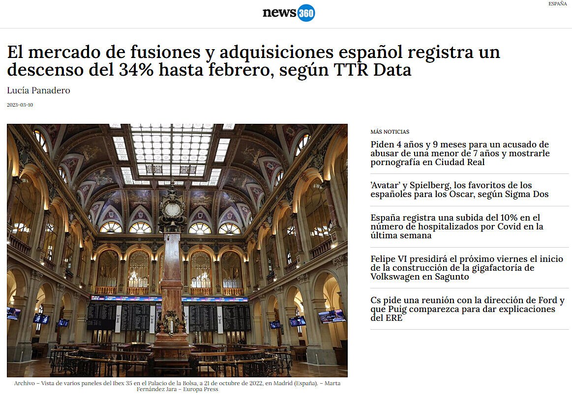 El mercado de fusiones y adquisiciones espaol registra un descenso del 34% hasta febrero, segn TTR Data